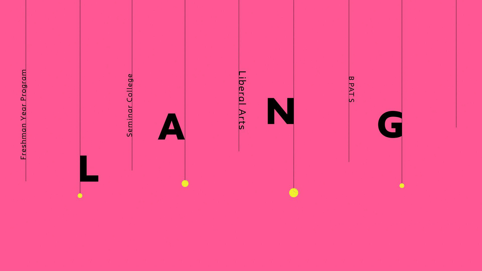 The words WNSR over graphic design for Lang's 40th anniversary celebration featuring a pink rectangle with "LANG" in large letters and vertical lines with different phrases on some of them: Freshman Year Program, Seminar College, Liberal Arts, and BPATS